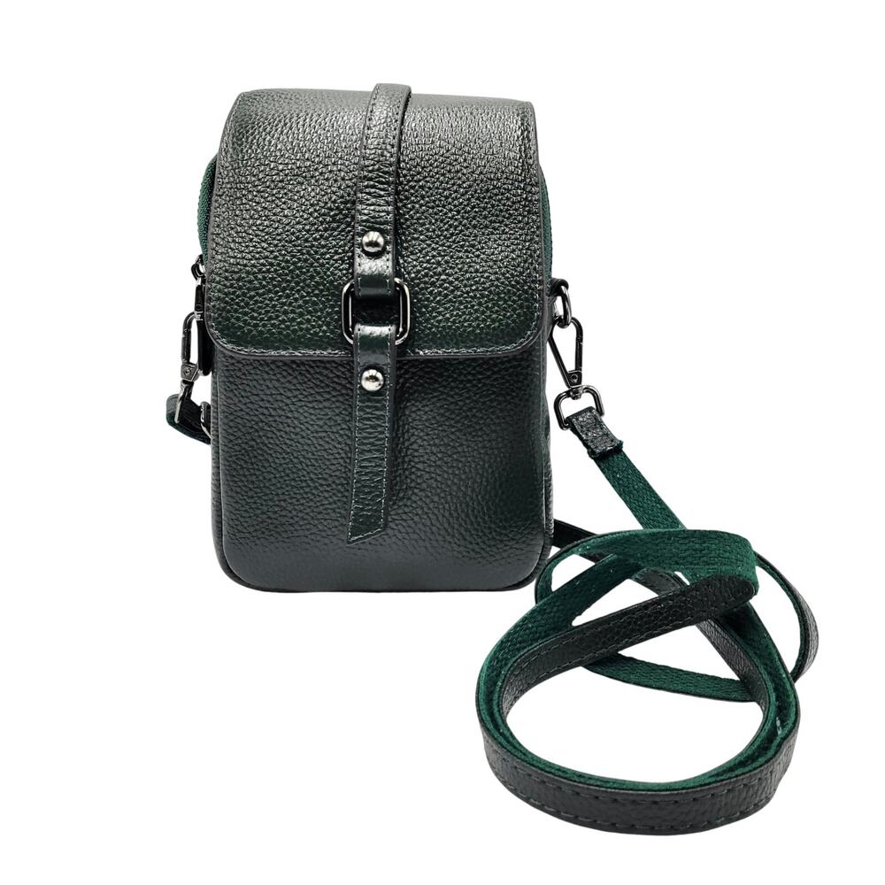 Dark Green Pebbled Leather Multiple Compartments Cell Phone Travel Crossbody Bag